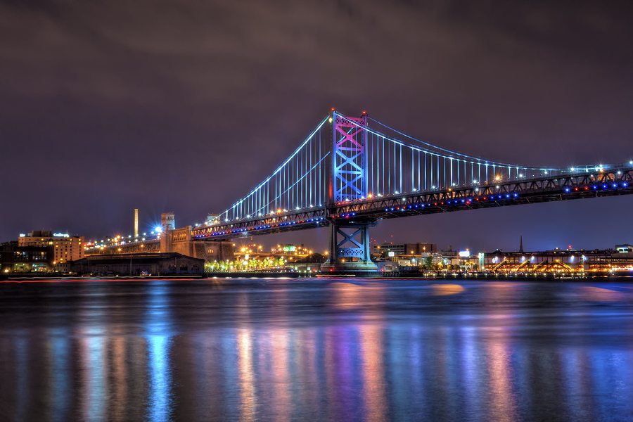 Camden view of Ben Franklin Bridge at night
