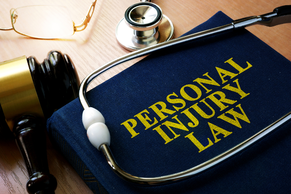 Personal injury law book under a stethoscope